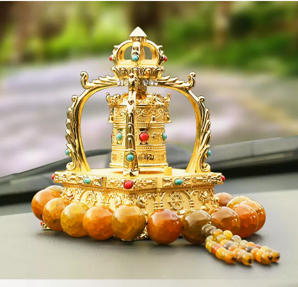 Hot-recommended car ornaments (alloy prayer wheel [solar battery dual drive] + dragon pattern stone beads + five-piece set)