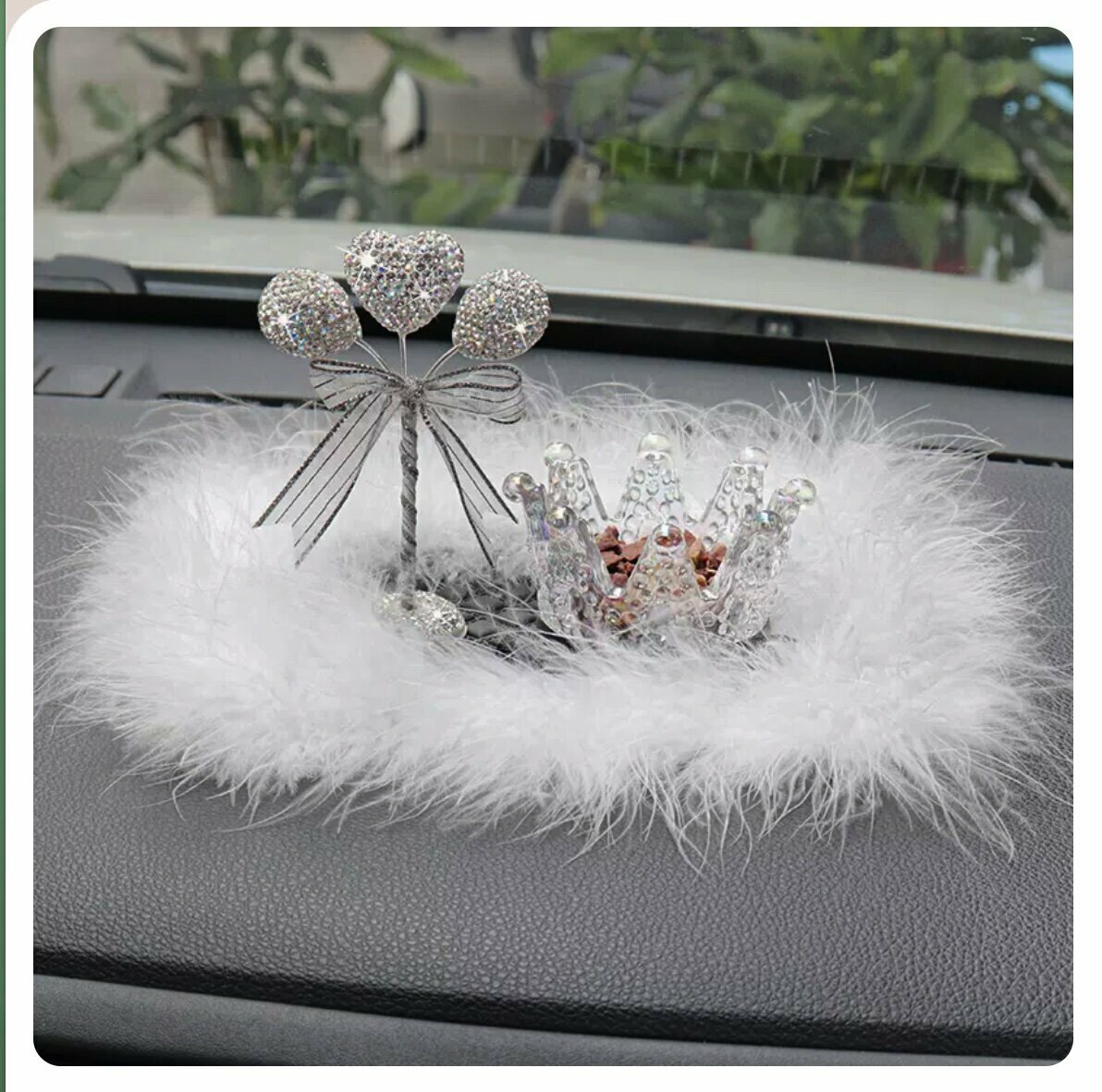 Hot push car creative ornaments (white diamond ball + colorful crown + feather anti-slip mat)