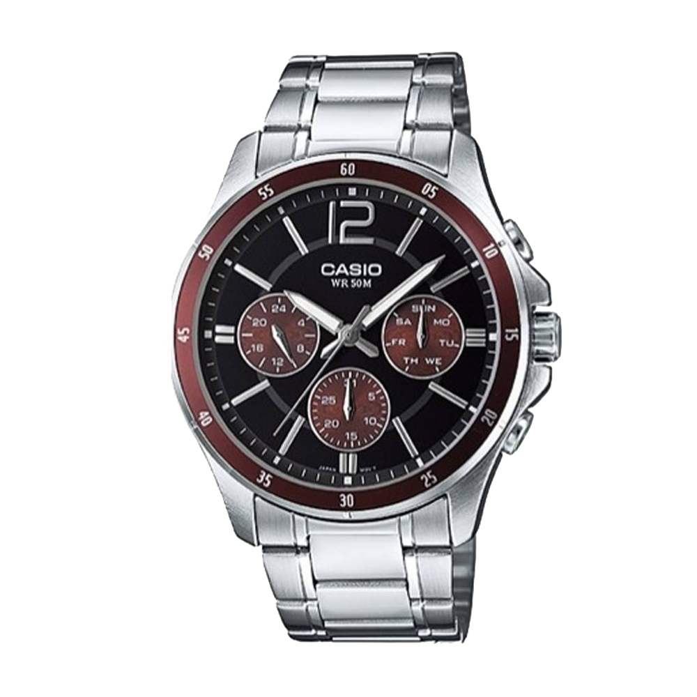 【CASIO】MTP-1374D 3年電池 三眼 熊貓款 防水50米 夜光 不鏽鋼腕錶-