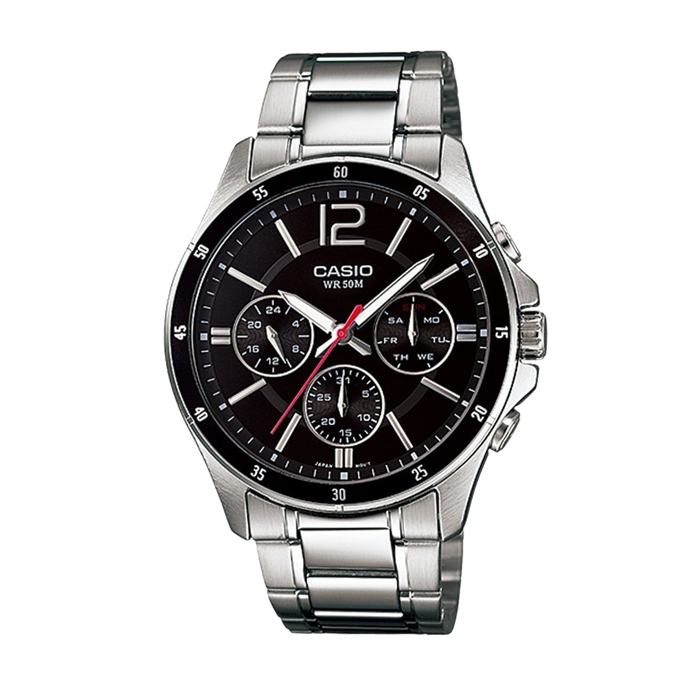 【CASIO】MTP-1374D 3年電池 三眼 熊貓款 防水50米 夜光 不鏽鋼腕錶-