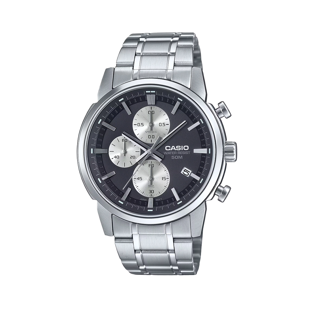 【CASIO】MTP-E510D 真三眼 熊貓款 3年電池 防水50米 帶日期 不鏽鋼腕錶-