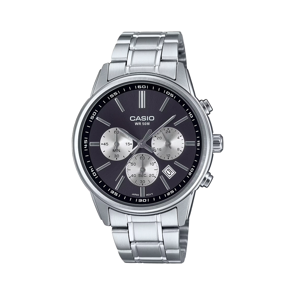 【CASIO】MTP-E515D 真三眼 熊貓款 2年電池 防水50米 帶日期 不鏽鋼腕錶-