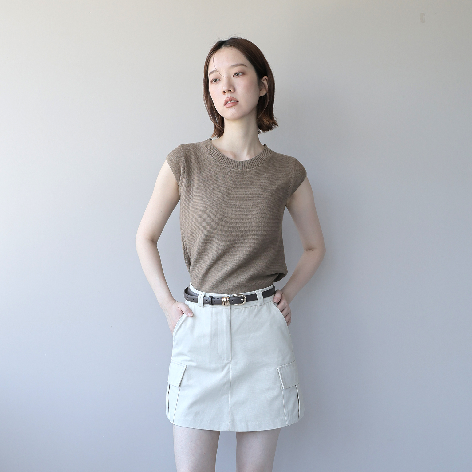 SALE500 純色小包袖針織上衣(6%羊毛）