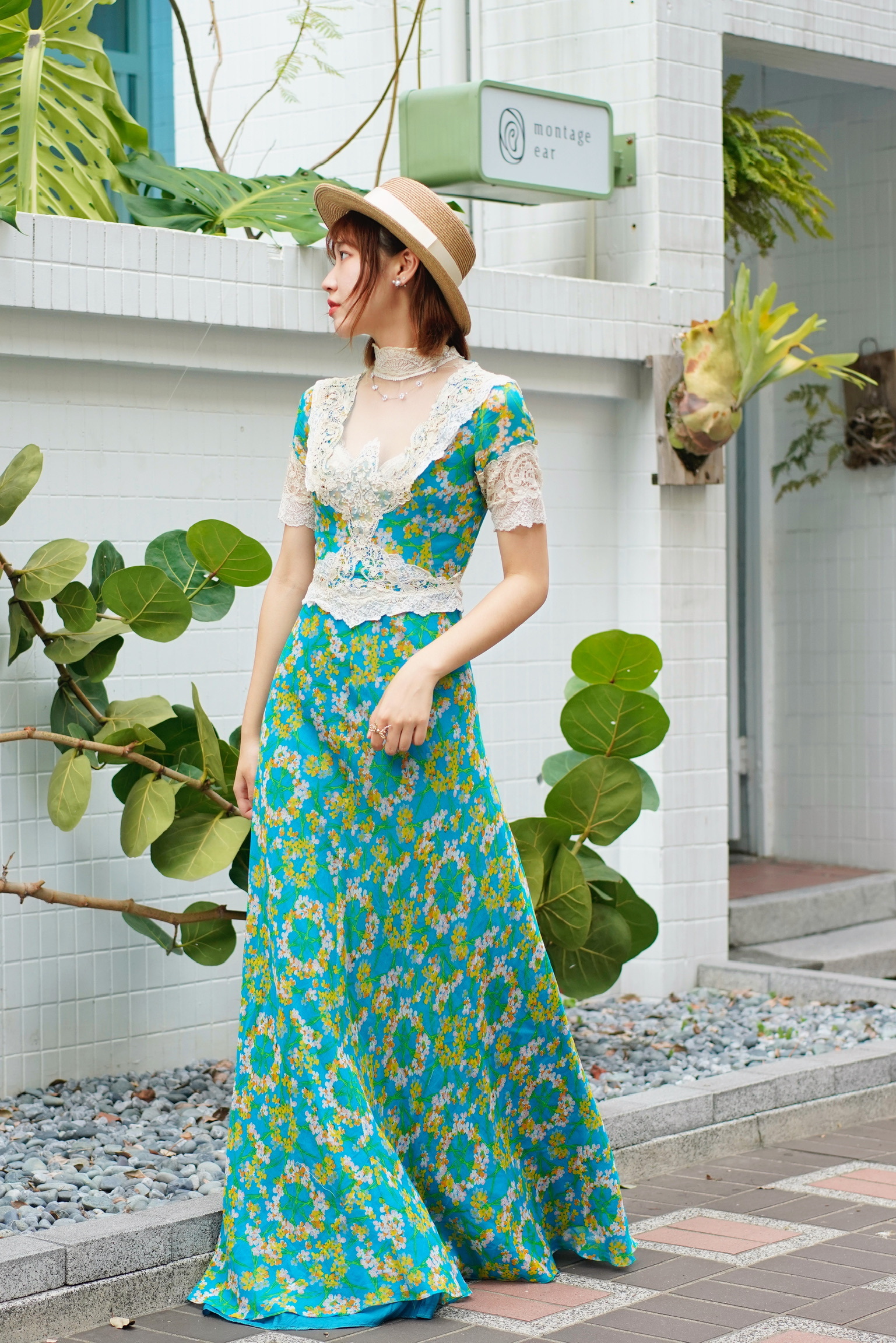 Vintage Dress/訂製款-古著湖水綠碎花古董蕾絲長洋裝