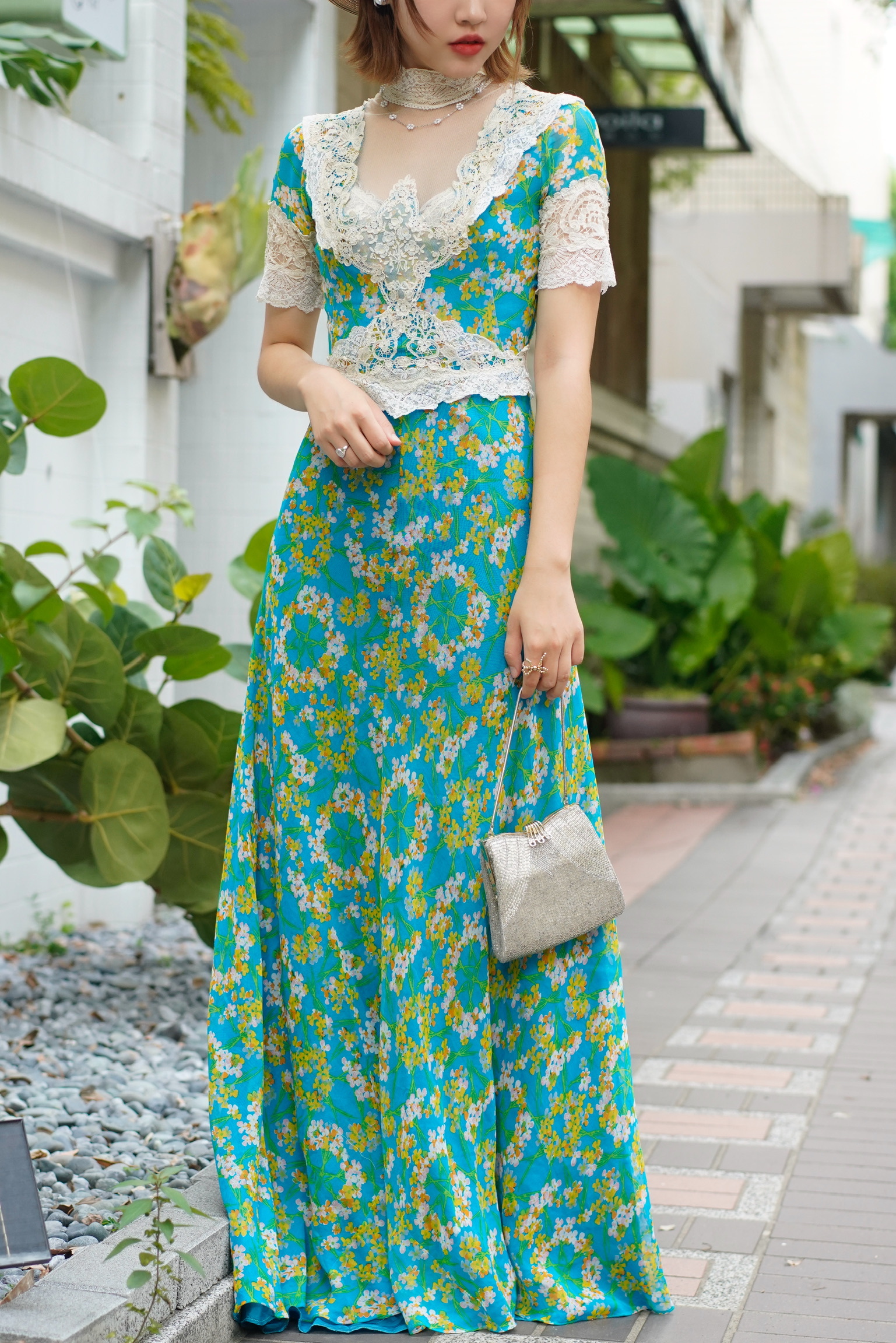 Vintage Dress/訂製款-古著湖水綠碎花古董蕾絲長洋裝