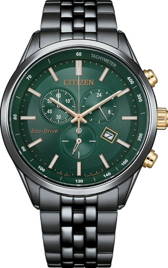 萬年鐘錶 - Citizen 星辰錶   森林綠全黑款三眼光動能男錶  AT2576-50X  錶徑42MM