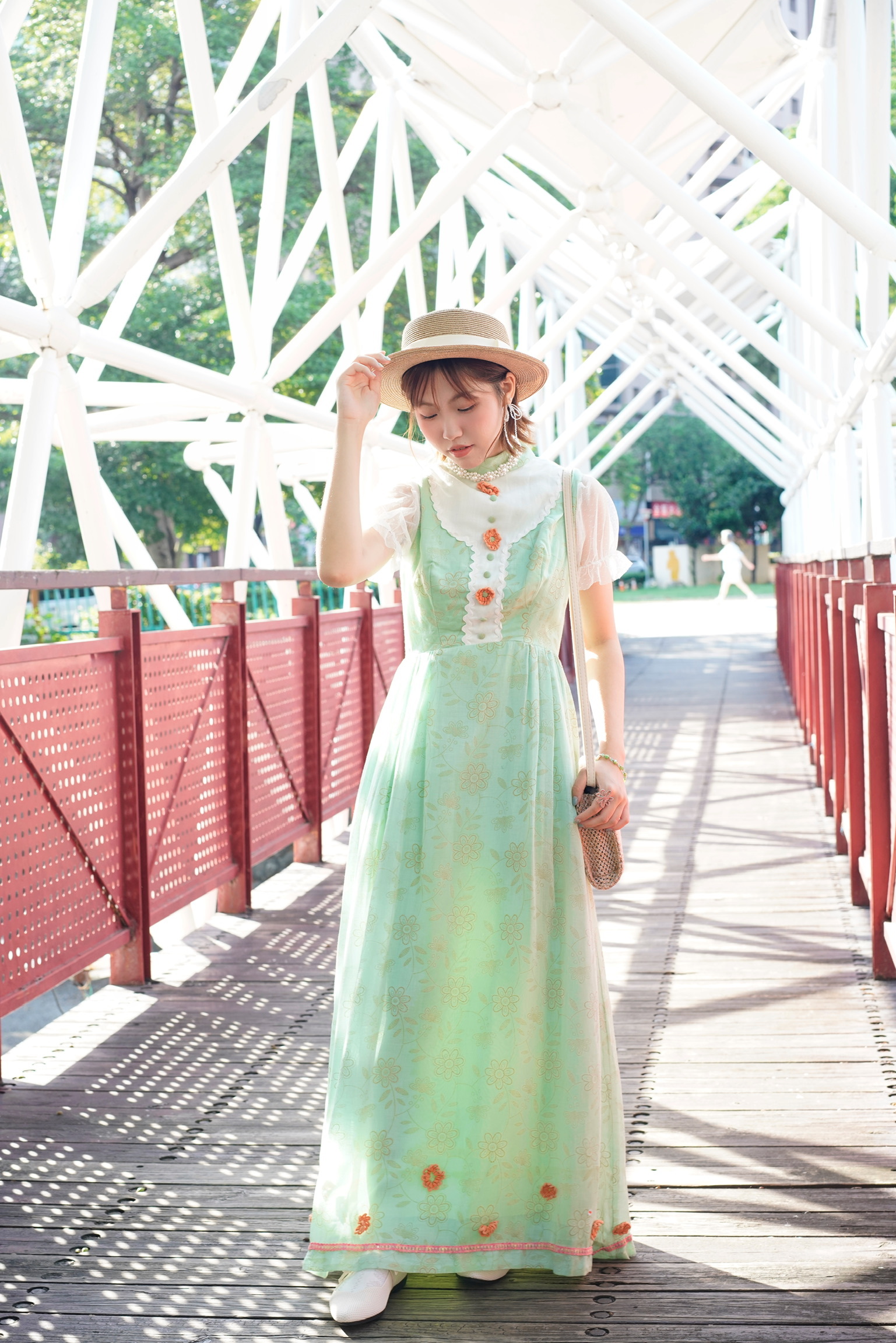 Vintage Dress/古著立體小花淺綠色雛菊印花無袖長洋裝