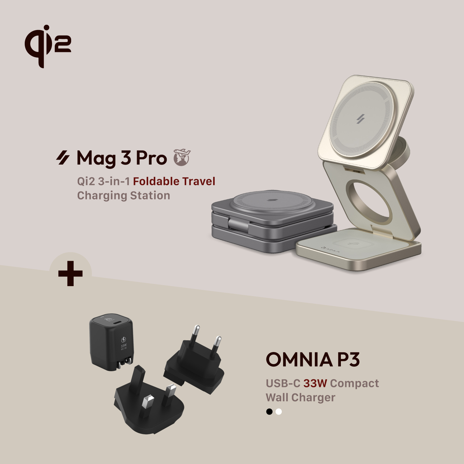 Mag 3 Pro Qi2 3-in-1 Foldable Travel Charging Station + OMNIA P3 USB-C 33W Compact Wall Charger