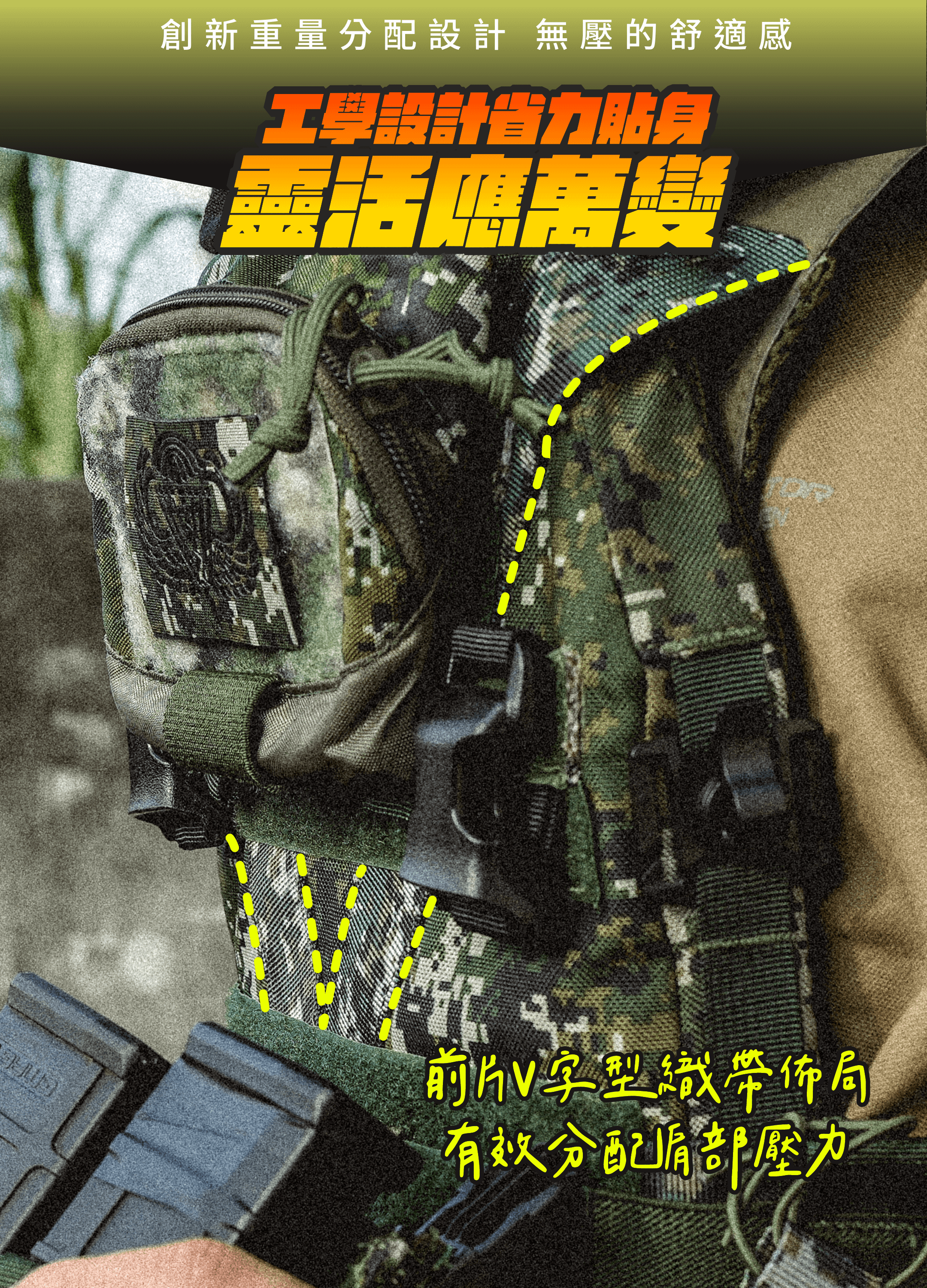 AG112戰術背心專為台灣部隊量身設計， 採用 K0 背心的經典結構，優化升級。  這款背心不僅舒適，還具備出色的機動性和便捷性， 讓你在拔彈匣更靈活順暢、抵槍托更穩固不晃。  獨特的V型結構設計，能有效分散重量，讓背心貼合身形，減輕負擔，提供輕量化的戰術優勢。  無論是執行任務或日常訓練，AG112都是你追求效率和速度的最佳選擇。