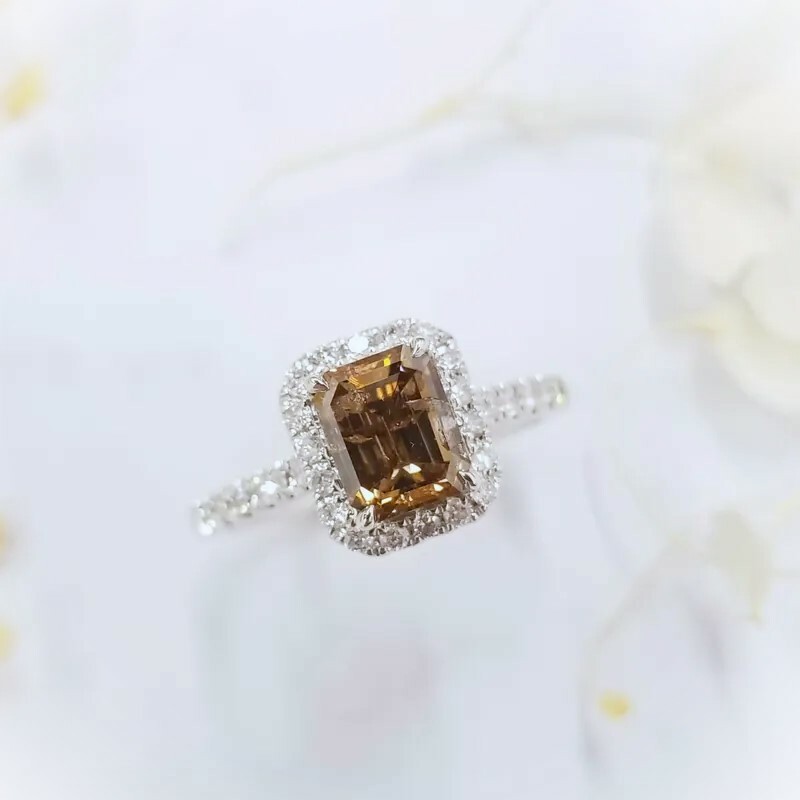 18K White Gold 1.67ct Fancy Brown Emerald Cut Diamond Ring