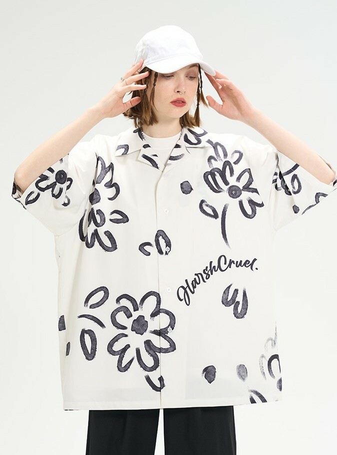 HARSH AND CRUEL 手繪水彩 小花寬鬆古巴領短袖襯衫 HX222070283