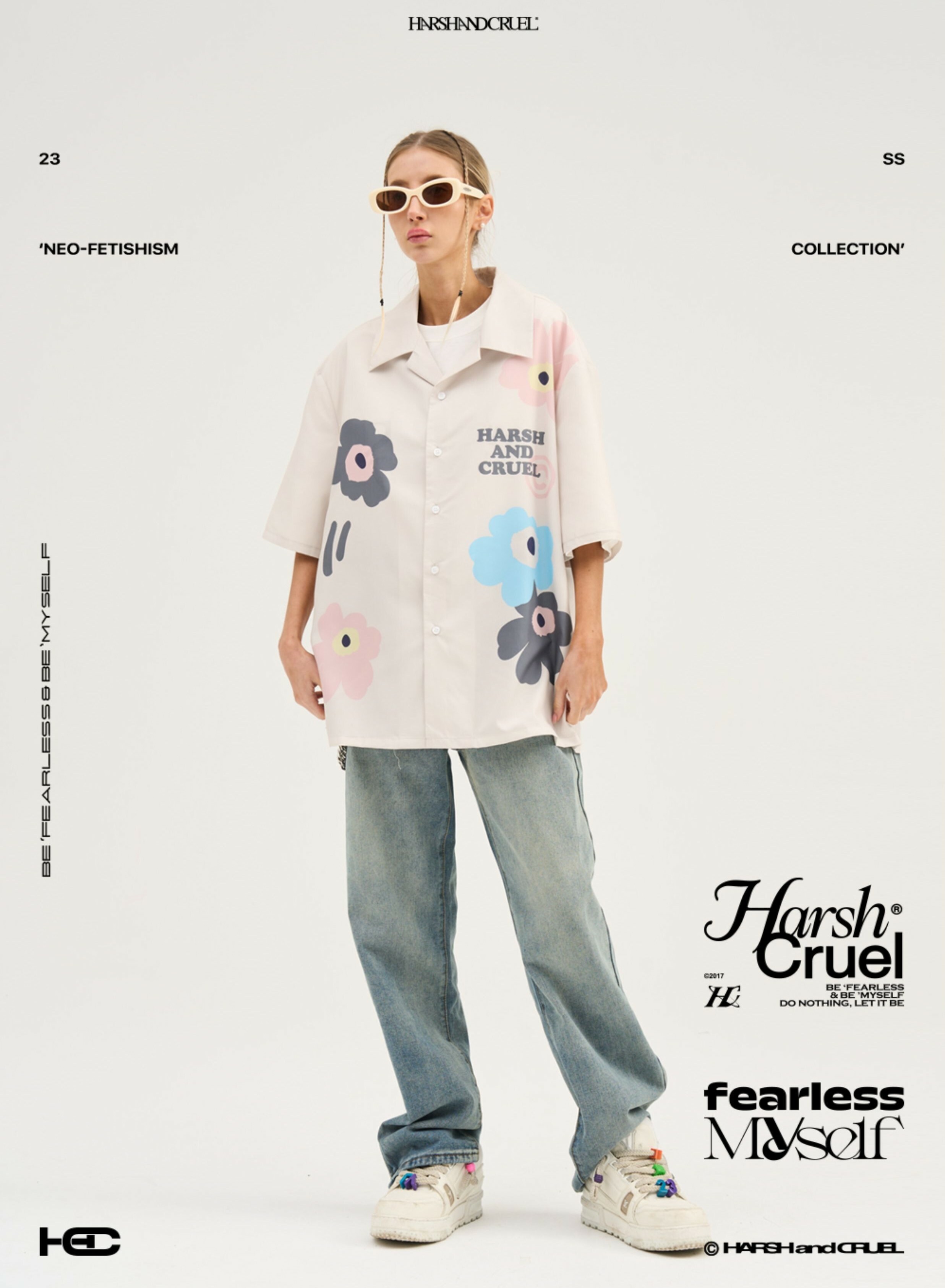 HARSH AND CRUEL  嘻哈手繪 塗鴉小花 寬鬆古巴領短袖襯衫 HM232020255