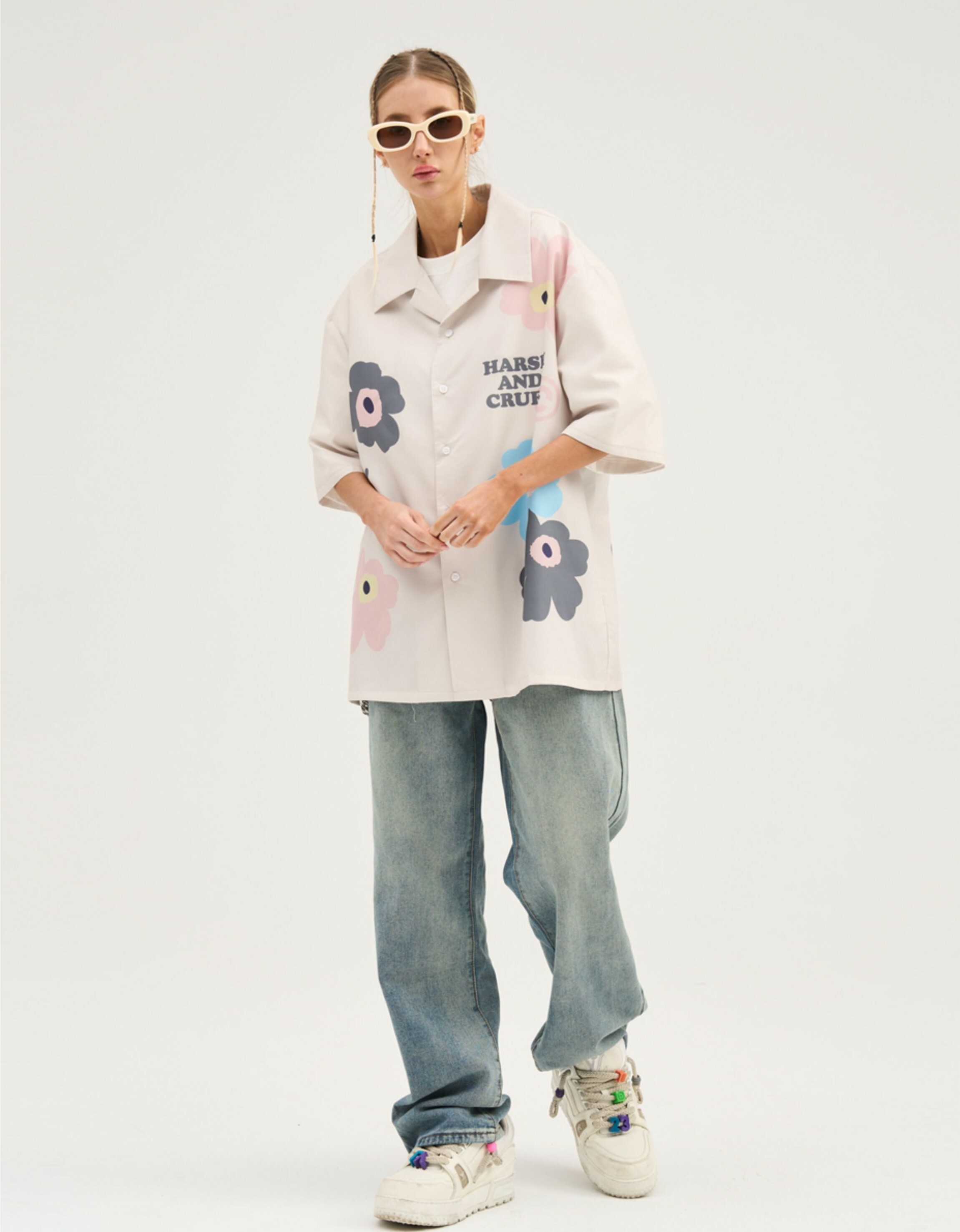 HARSH AND CRUEL  嘻哈手繪 塗鴉小花 寬鬆古巴領短袖襯衫 HM232020255