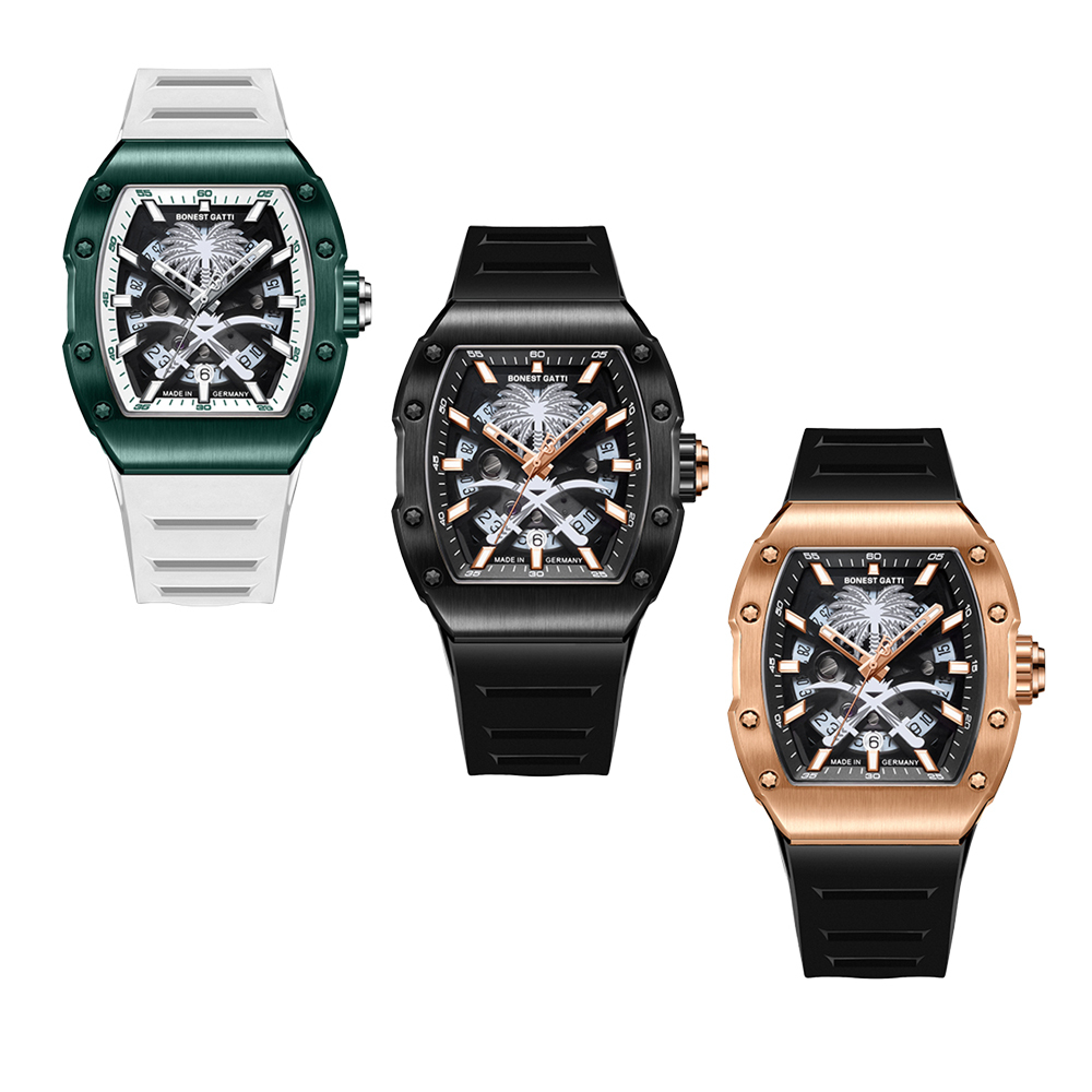 (預購)【Bonest Gatti】 Risker 冒險者系列 BG9904 棕櫚樹 機械錶 夜光 酒桶形 雙面鏤空 時間顯示 精細拉絲 機械美學