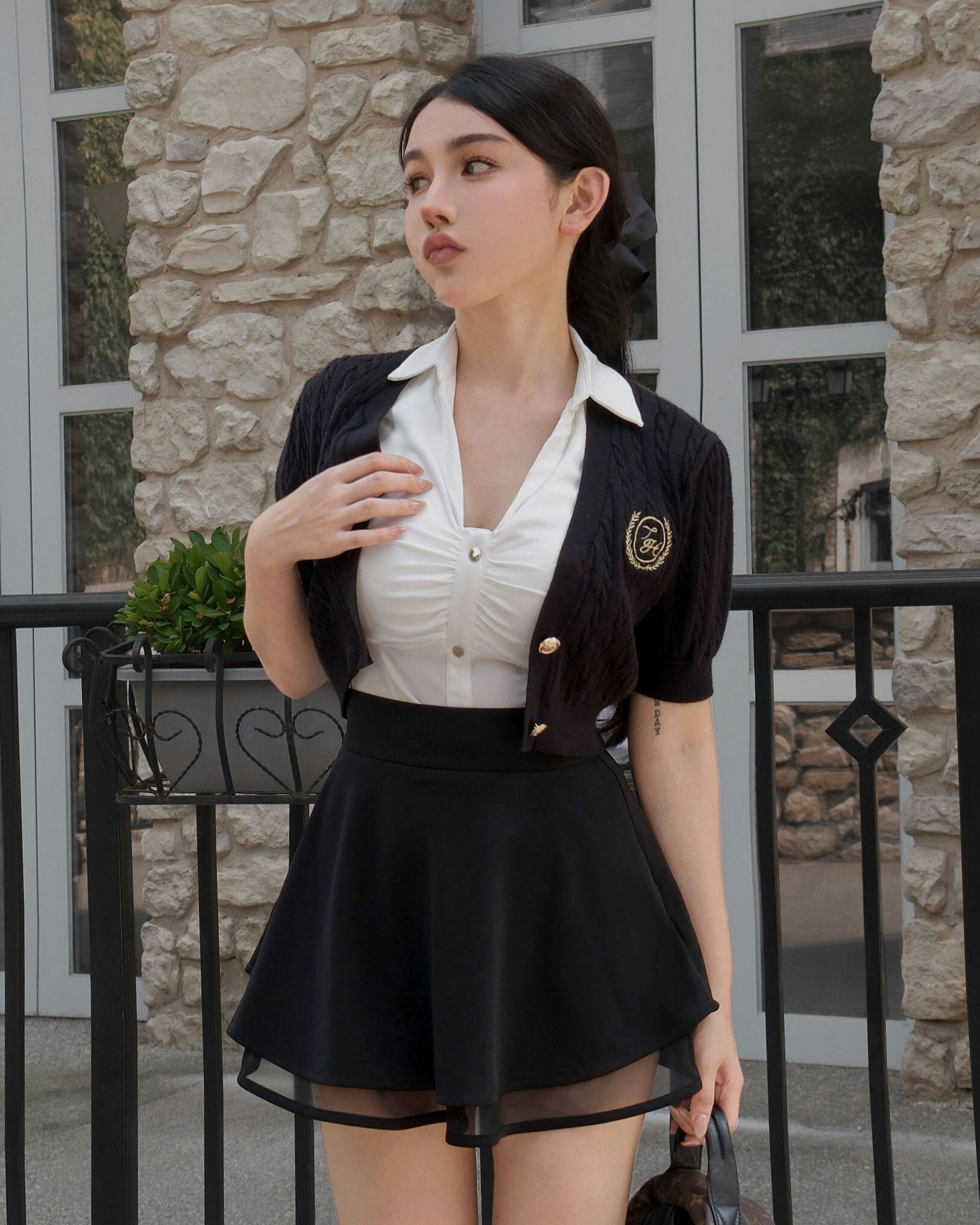 ⭒訂製-學院風刺繡針織澎袖短罩衫