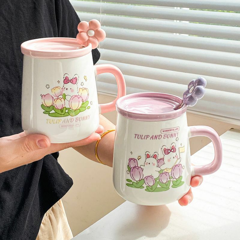 Tulip and Bunny Ceramic Mug with Spoon & Cover