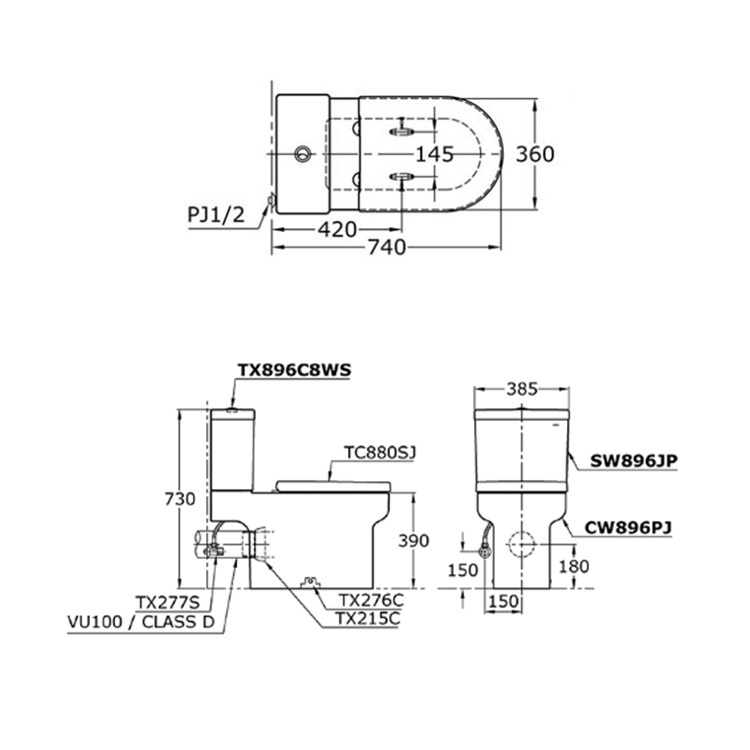 Toto CW896PJ + SW896J + TC388CVK Close-Coupled Dual Flush 3/4.5L Wash Down Toilet with Slow Closing Seat Cover