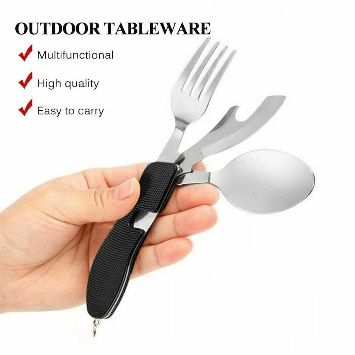New Japanese-style four-in-one stainless steel multi-functional folding tableware set, including knife, fork, spoon and bottle opener, a must-have for travel and picnics! Can be put into bag after folding