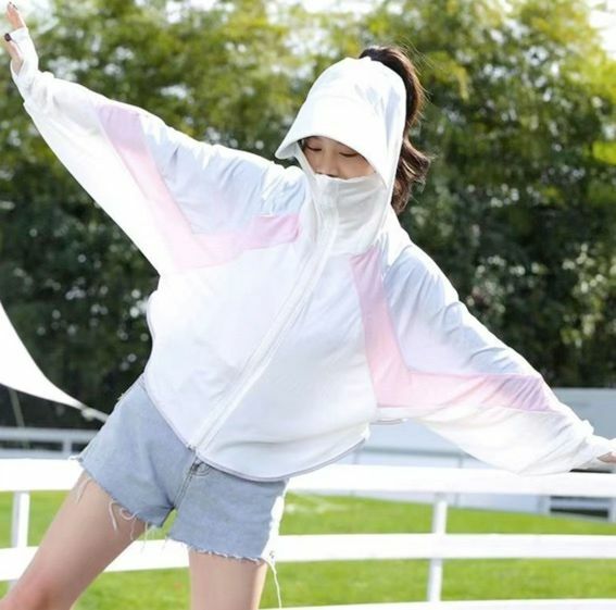 新款女裝防曬透氣冰絲長袖外套＋大帽檐太陽帽(拼色-白色）適合80-130磅女士