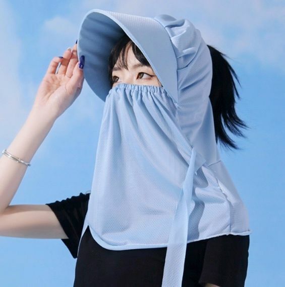 熱賣折疊防晒防紫外線帶帽檐 口罩 護頸 護面冰絲面罩（藍色-三合一）