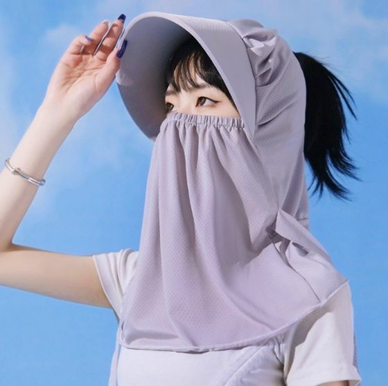 熱賣折疊防晒防紫外線帶帽檐 口罩 護頸 護面冰絲面罩（灰色-三合一）