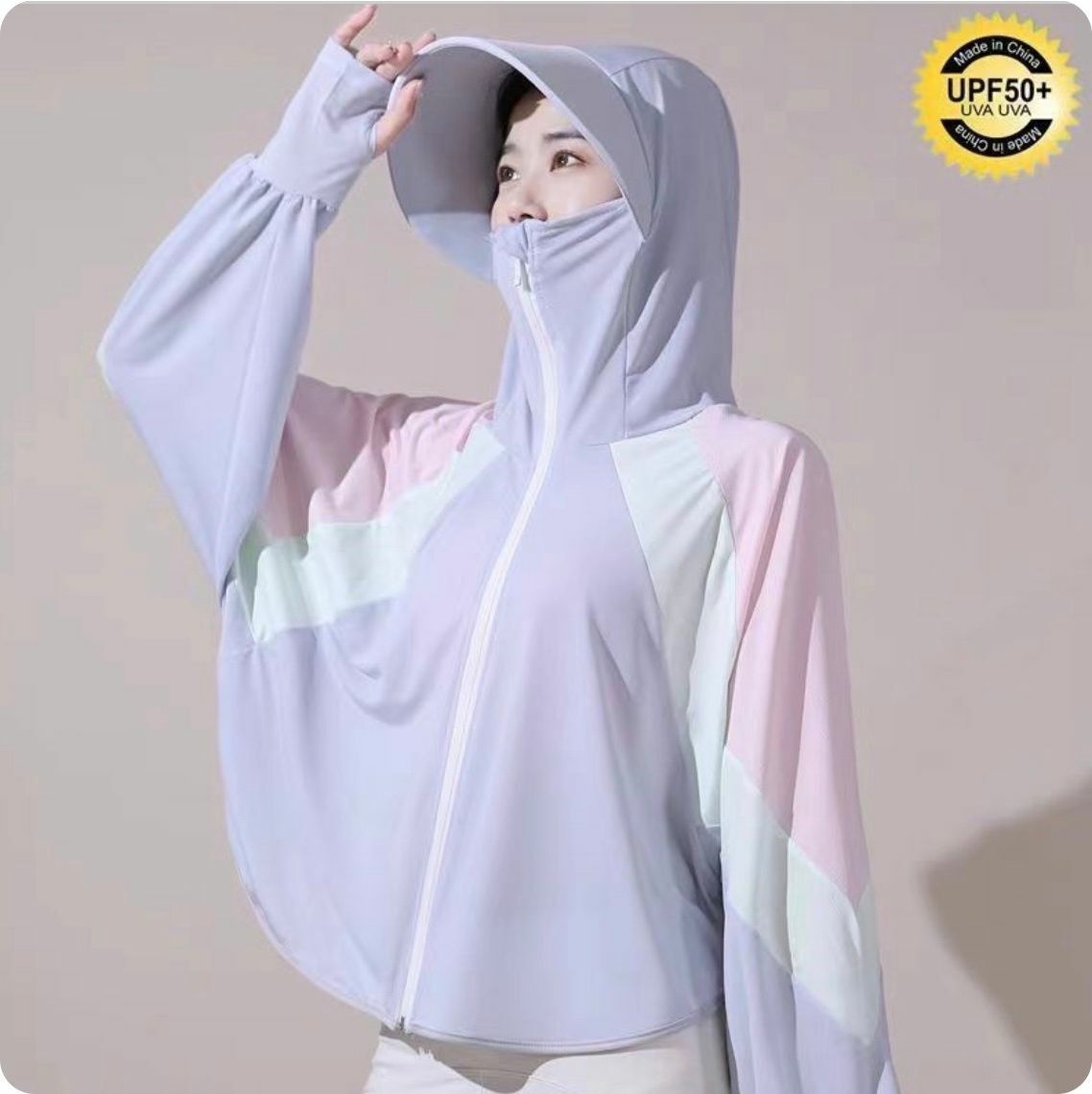 熱賣女裝防曬透氣冰絲長袖外套＋大帽檐太陽帽(拼色-灰色）適合80-130磅女士