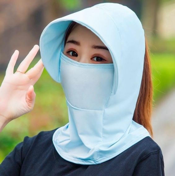 熱賣折疊防晒防紫外線帶帽檐 口罩 護頸 護面冰絲面罩（藍色-三合一）