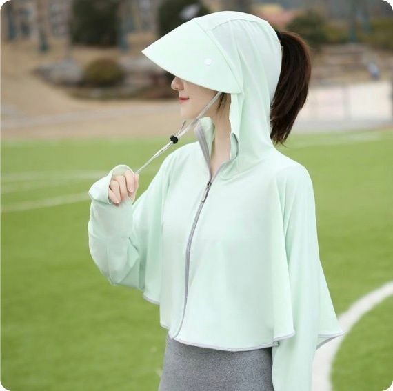 熱賣女裝防曬透氣冰絲長袖外套＋大帽檐太陽帽（綠色）