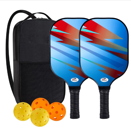 Hot recommended fiberglass pickleball racket set with UV printing (2 rackets + 4 balls + 1 bag, blue, 40cm*20cm)