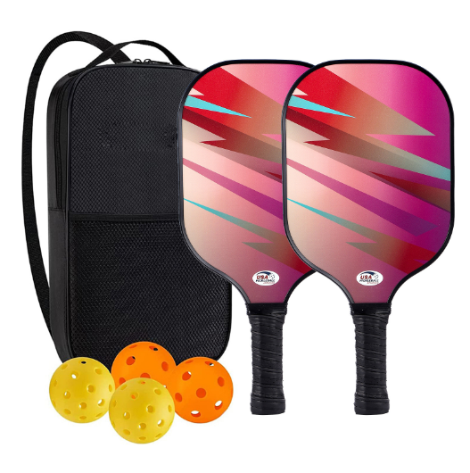 Hot recommended fiberglass pickleball racket set with UV printing (2 rackets + 4 balls + 1 bag, pink, 40cm*20cm)