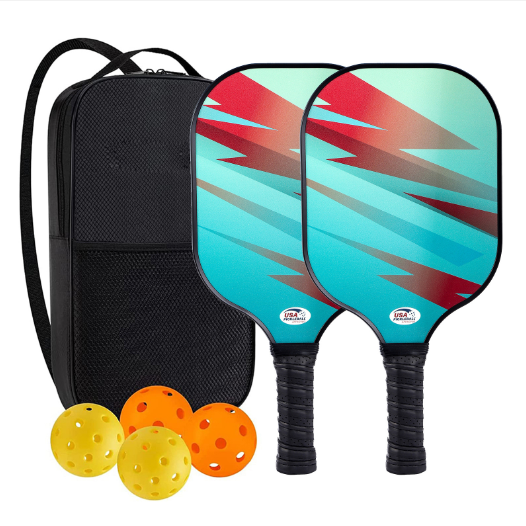 Hot recommended fiberglass pickleball racket set with UV printing (2 rackets + 4 balls + 1 bag, green, 40cm*20cm)