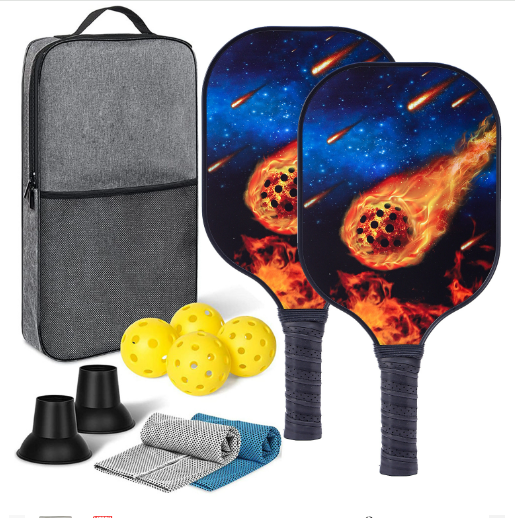 Hot recommendation [Fiberglass] Pickleball racket set [601] (2 rackets + 4 balls + one bag + towel + ball picker, blue background fireball, 40cm*20cm)