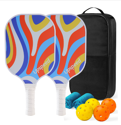 Hotly recommended carbon T700 pickleball racket outdoor sports ice towel set (2 rackets + 4 balls + 2 ice towels + 1 pack, color stripes, 40cm*20cm)