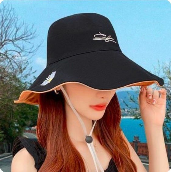 New Korean style double-sided sunshade large brim sun protection fisherman hat (black+khaki-double-sided-daisy)