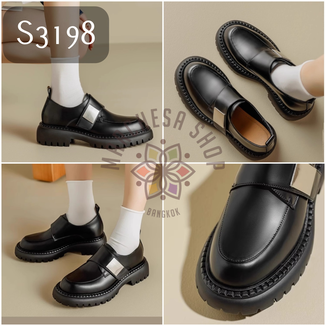 S3198 - 全真皮羊皮一字扣圓頭厚底休閒鞋