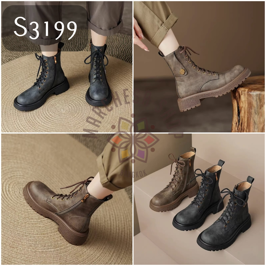 S3199 - 全真皮羊皮摺疊圓頭短靴