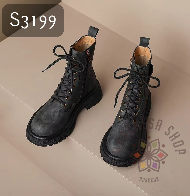 S3199 - 全真皮羊皮摺疊圓頭短靴