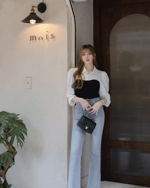 LINA LINA巴黎敘事襯衫針織假兩件造型上衣-白X黑