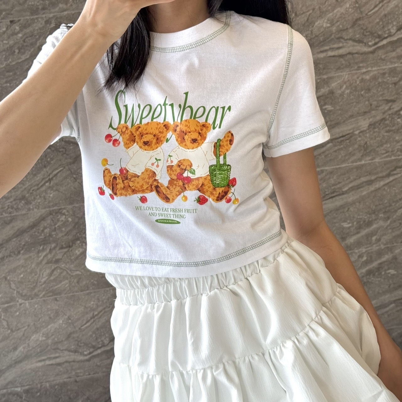 #現貨優惠 泰國 櫻桃熊熊 綠車縫 短版上衣