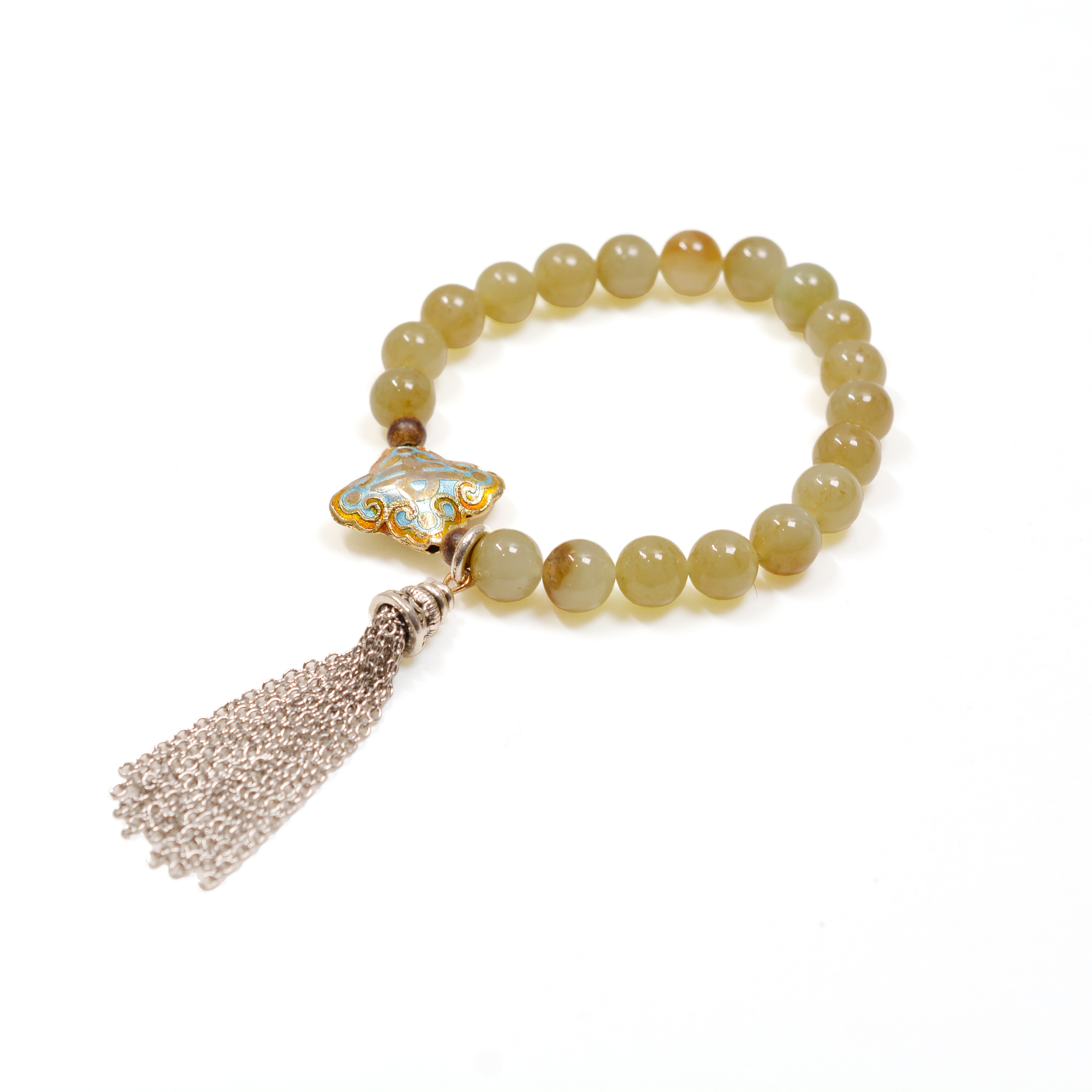 寶寶箱系列 - 8mm 灑金和田青玉手串 (配：老貨景泰藍、加里曼丹沉香)