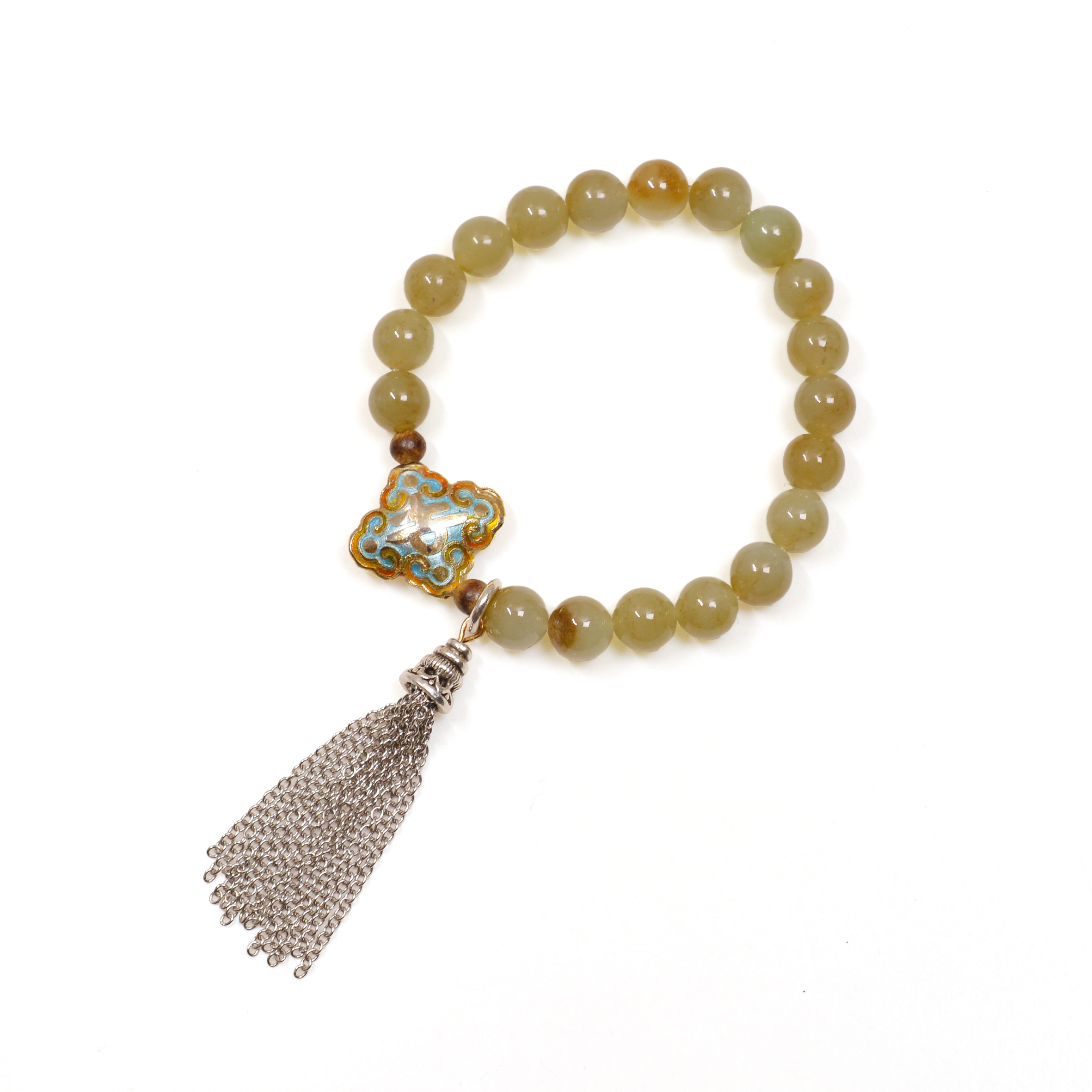 寶寶箱系列 - 8mm 灑金和田青玉手串 (配：老貨景泰藍、加里曼丹沉香)