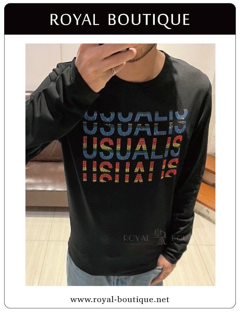 USUALIS 胸前漸層水鑽英字薄長T