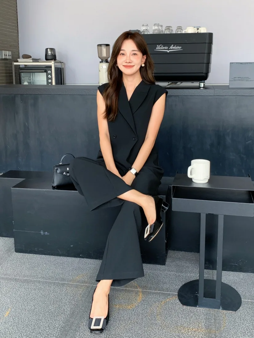 歐美女子雙釦V領西裝連身褲長褲 (Elegant & Love)