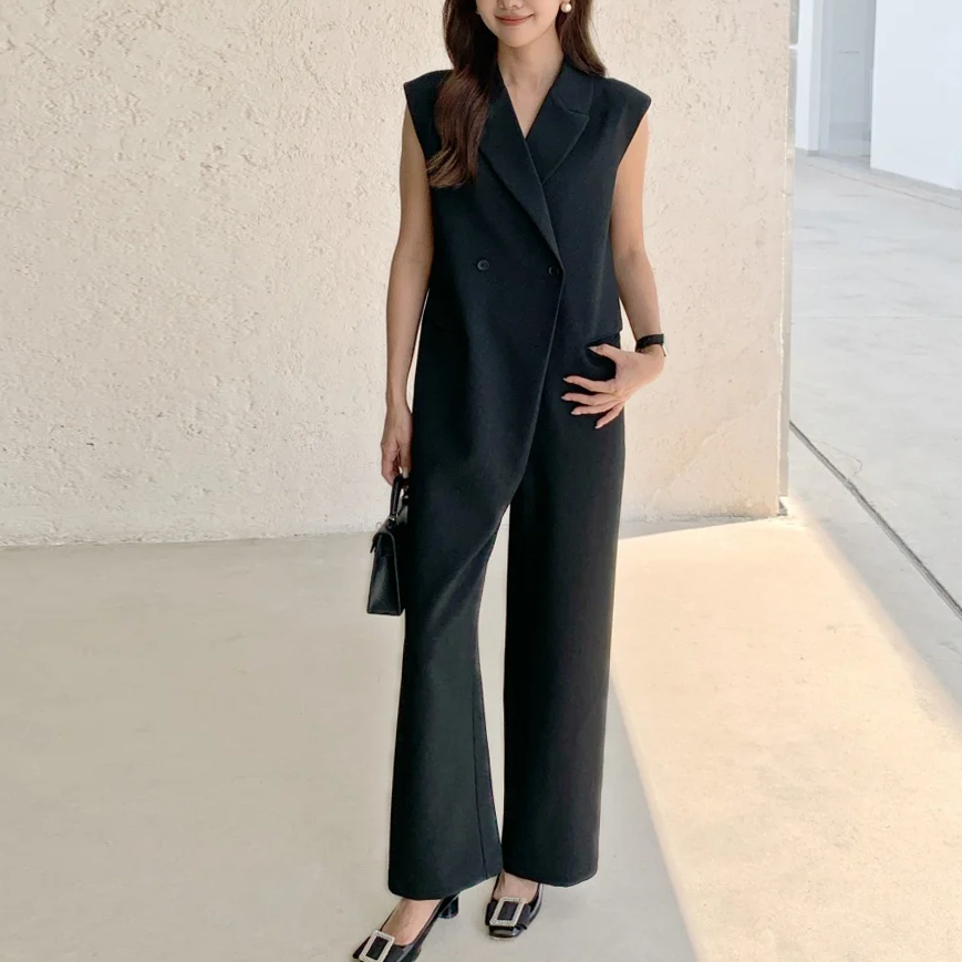 歐美女子雙釦V領西裝連身褲長褲 (Elegant & Love)