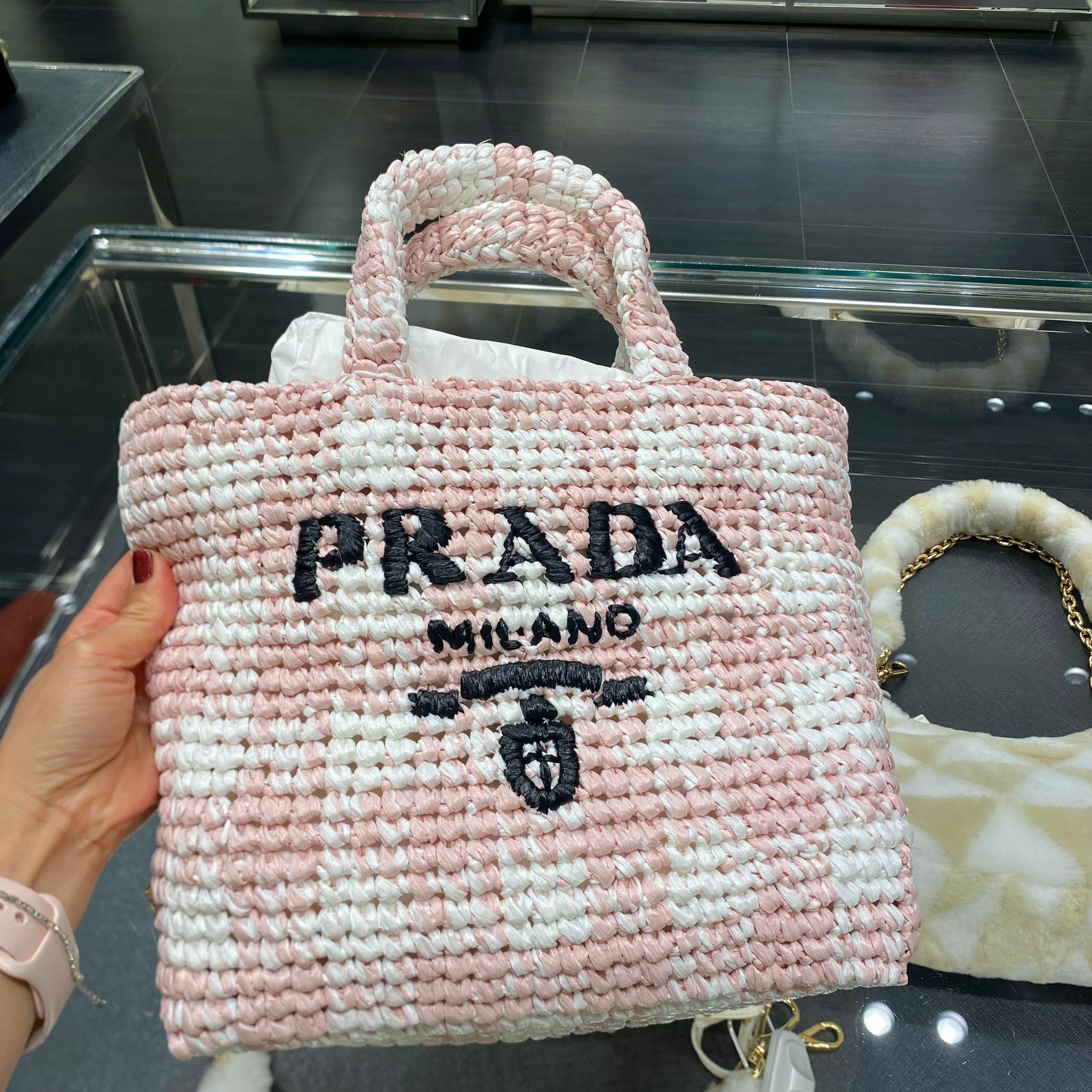 Prada top handle raffia bag pink/mustard/blue