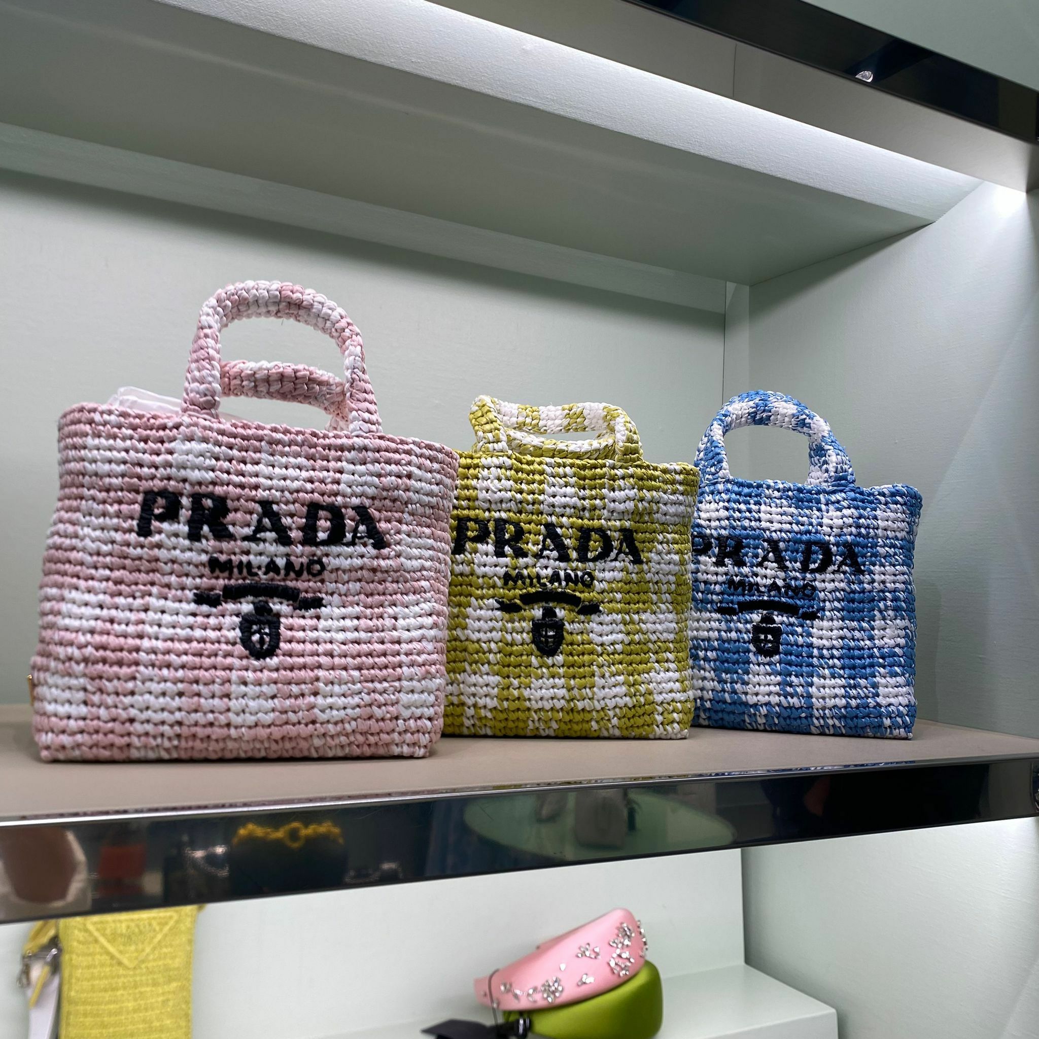 Prada top handle raffia bag pink/mustard/blue