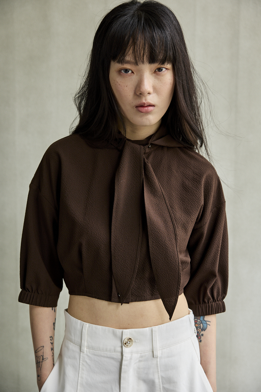 連帽五分袖短襯衫