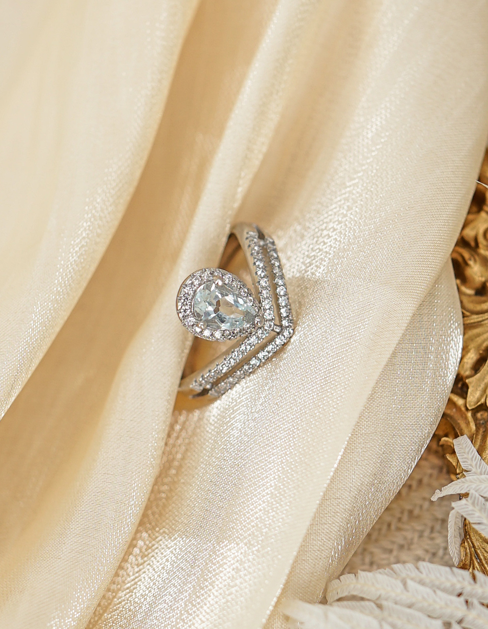 925 純銀海藍寶雙排V形可調式戒指