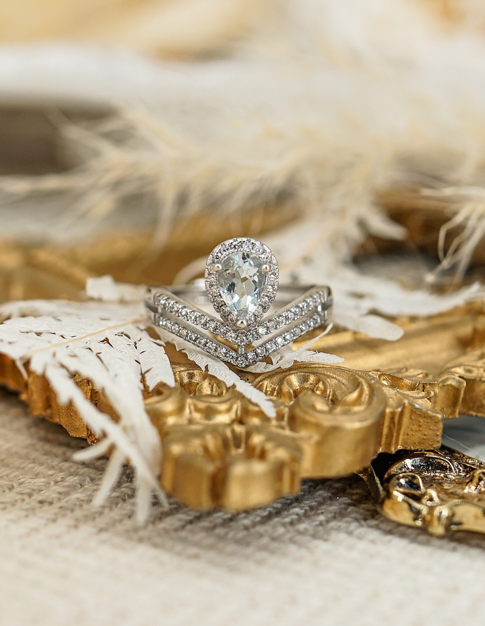 925 純銀海藍寶雙排V形可調式戒指