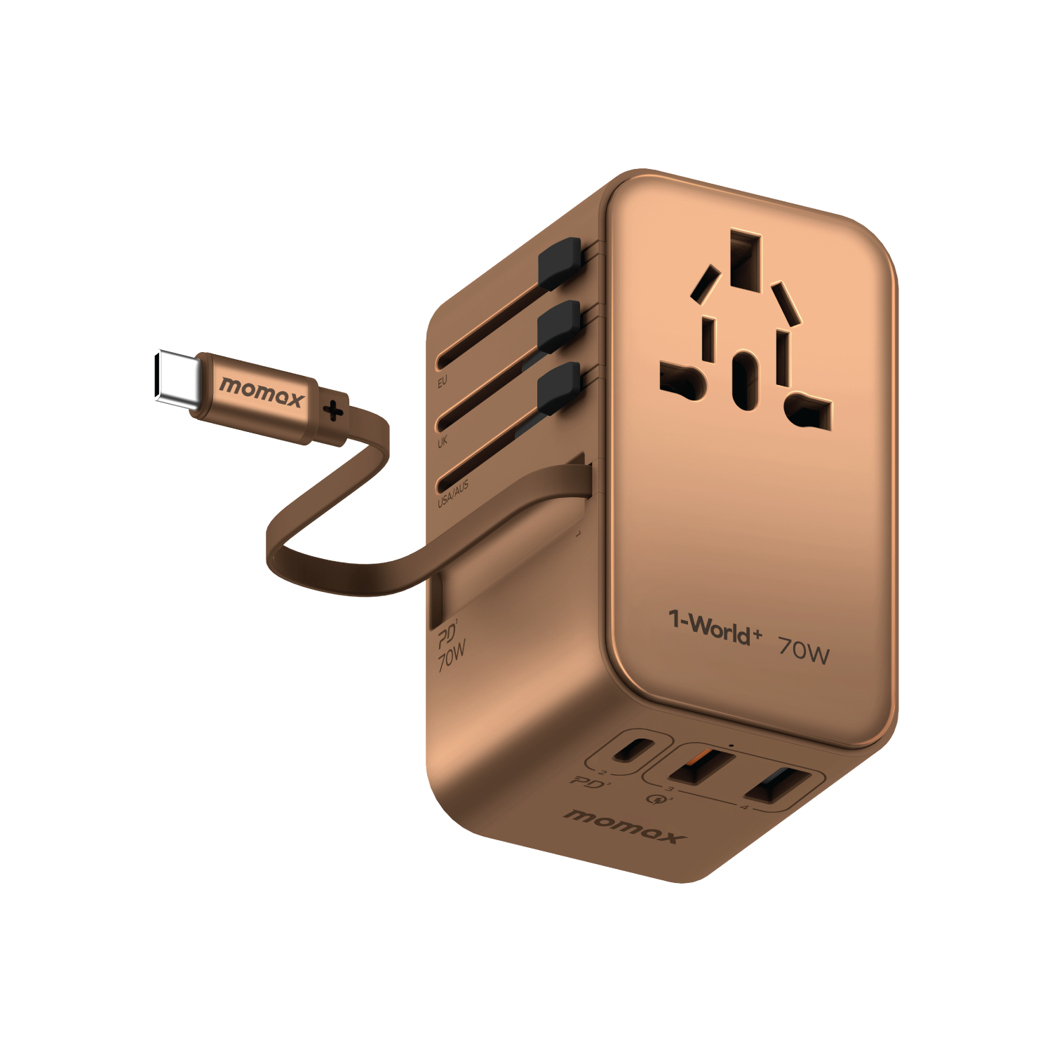 Momax 1-World+ 70W GaN 伸縮充電線旅行插座(沙漠鈦金屬色) UA18UKL2